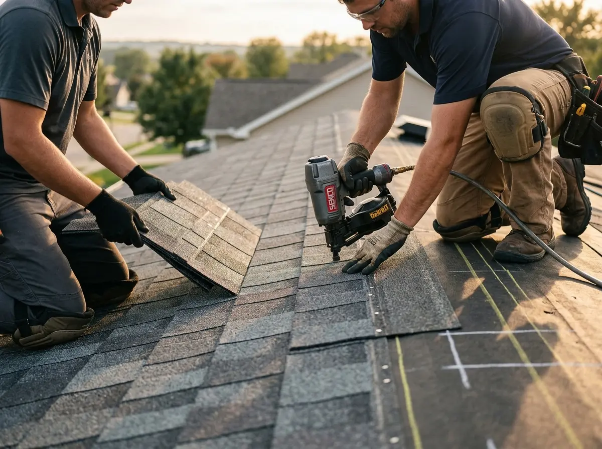 Professional roofer working on a residential roof in Corona de Tucson